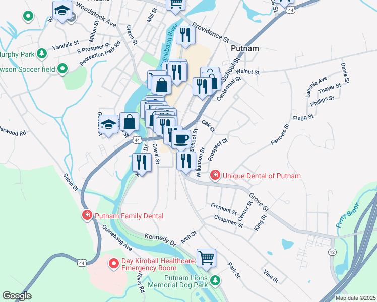 map of restaurants, bars, coffee shops, grocery stores, and more near 52 School Street in Putnam
