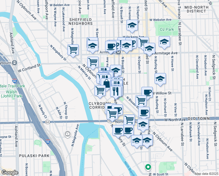 map of restaurants, bars, coffee shops, grocery stores, and more near 1827 North Clybourn Avenue in Chicago