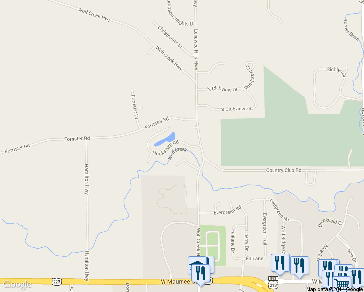 map of restaurants, bars, coffee shops, grocery stores, and more near 4755 Hooks Mill Road in Adrian