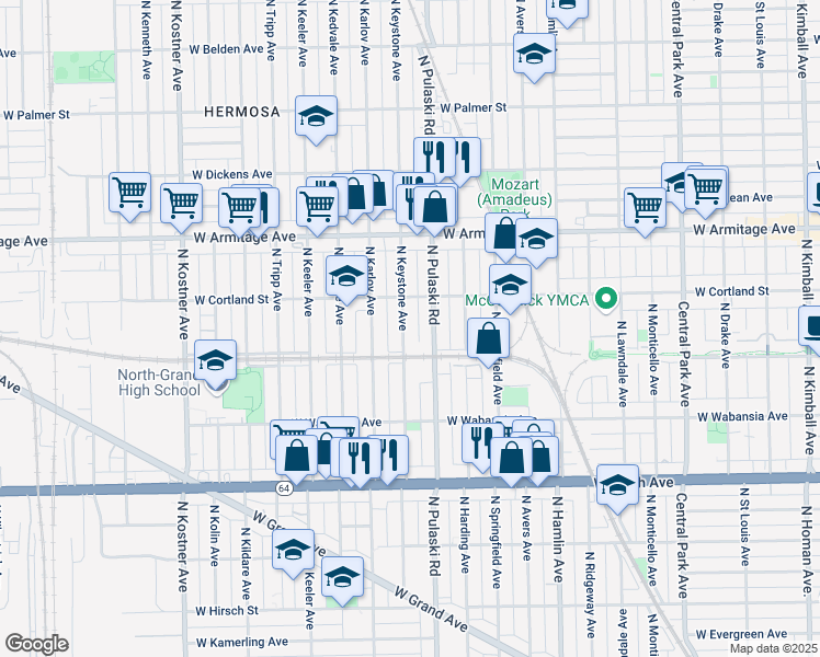 map of restaurants, bars, coffee shops, grocery stores, and more near 1827 North Keystone Avenue in Chicago