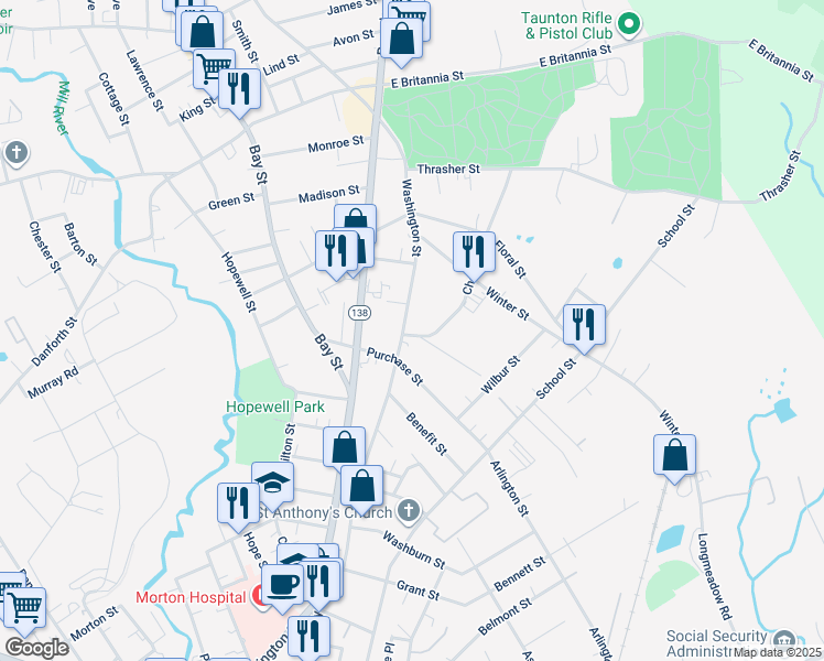 map of restaurants, bars, coffee shops, grocery stores, and more near 225 Washington Street in Taunton