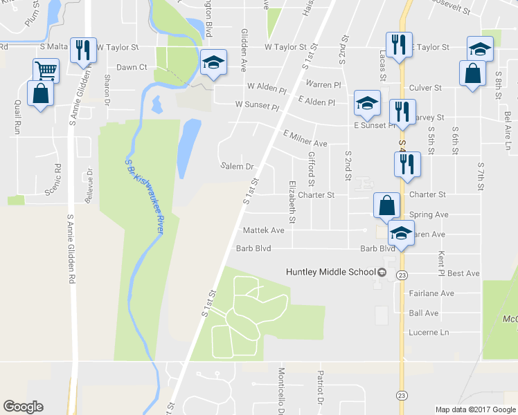 map of restaurants, bars, coffee shops, grocery stores, and more near 107 Pooler Avenue in DeKalb