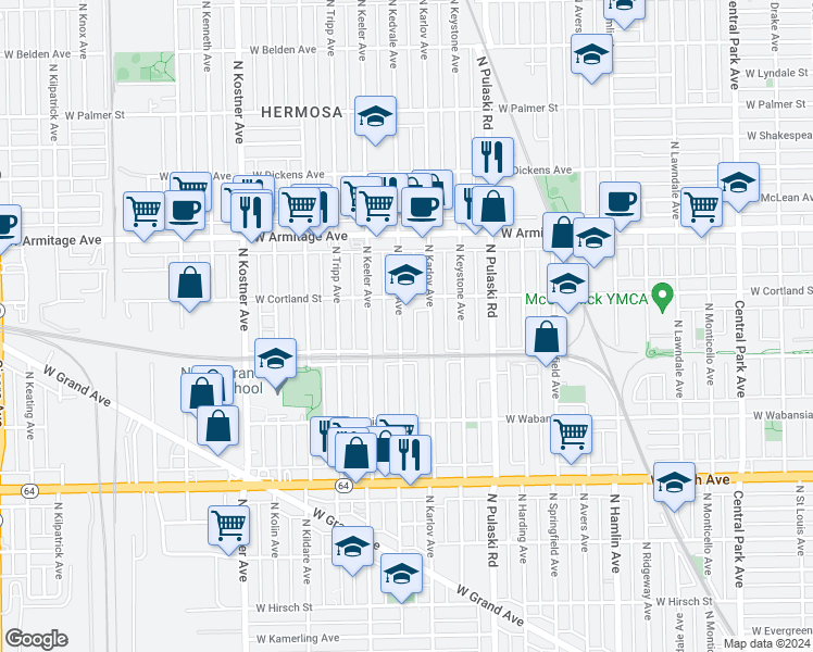 map of restaurants, bars, coffee shops, grocery stores, and more near 1827 North Kedvale Avenue in Chicago