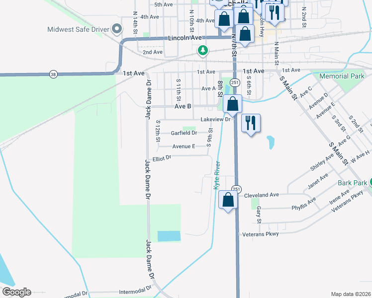 map of restaurants, bars, coffee shops, grocery stores, and more near 1024 Avenue East in Rochelle