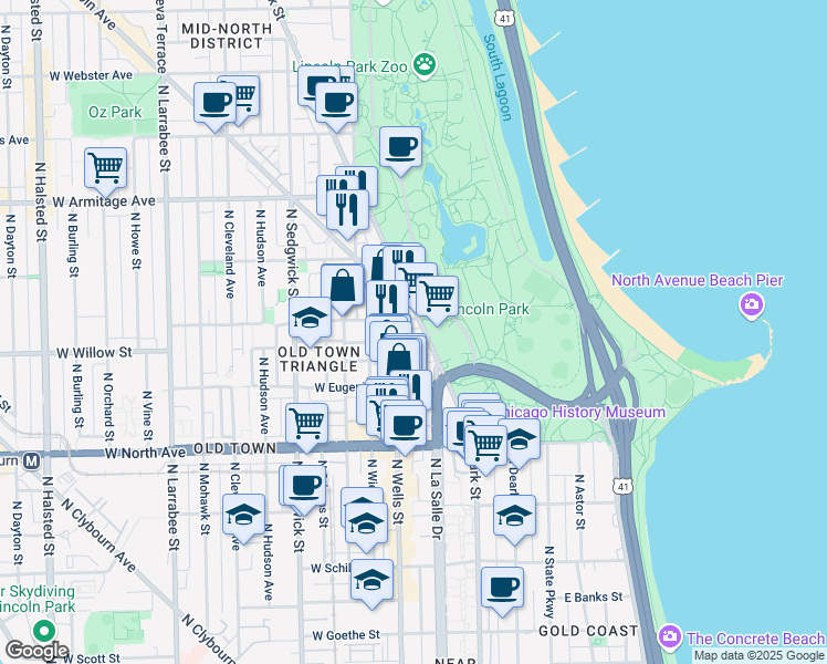 map of restaurants, bars, coffee shops, grocery stores, and more near 1749 North Wells Street in Chicago