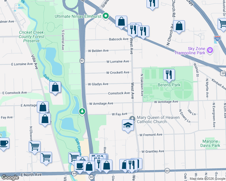 map of restaurants, bars, coffee shops, grocery stores, and more near 569 Comstock Avenue in Elmhurst
