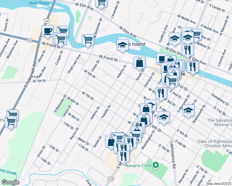 map of restaurants, bars, coffee shops, grocery stores, and more near 417 West 5th Street in Monroe