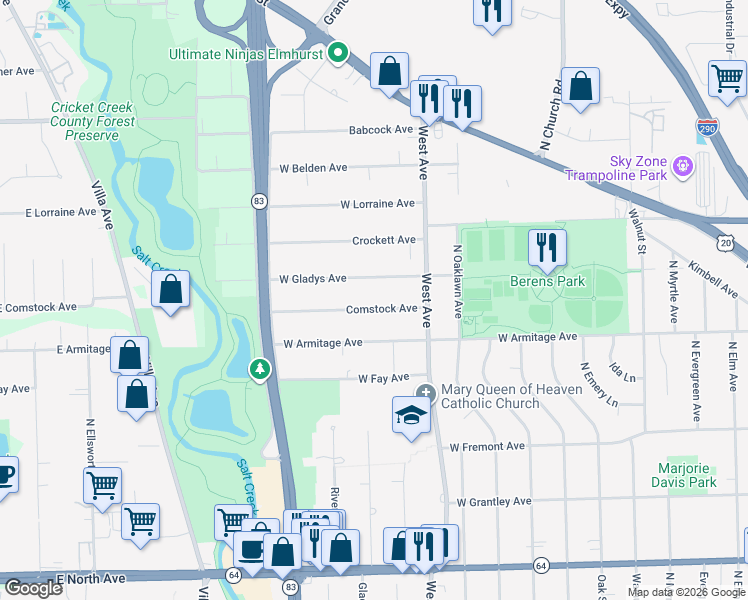 map of restaurants, bars, coffee shops, grocery stores, and more near 569 Comstock Avenue in Elmhurst