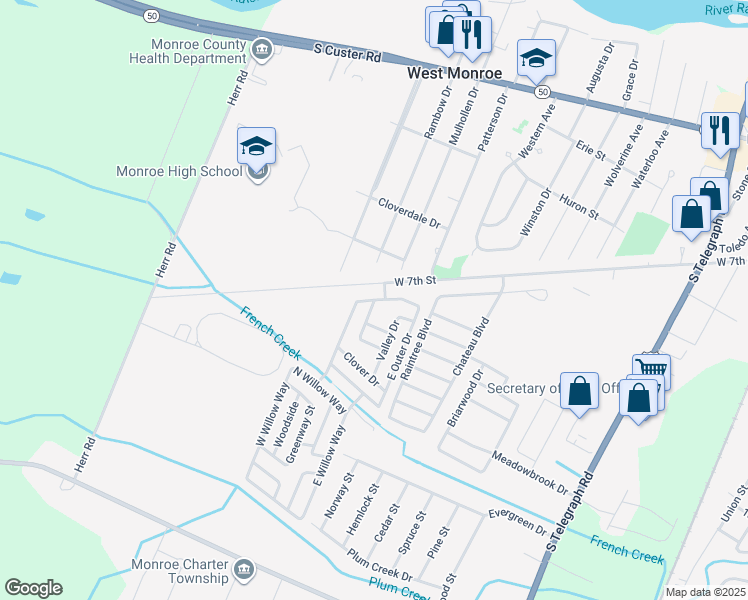 map of restaurants, bars, coffee shops, grocery stores, and more near 1100 North Outer Drive in Monroe