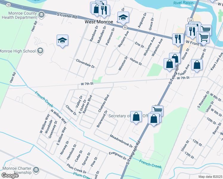 map of restaurants, bars, coffee shops, grocery stores, and more near 1027 Chateau Boulevard in Monroe