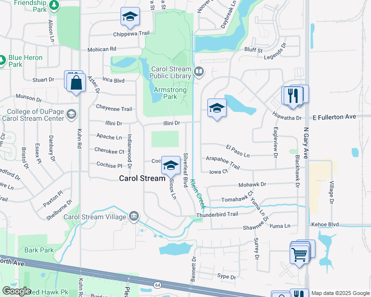 map of restaurants, bars, coffee shops, grocery stores, and more near 491 Silverleaf Boulevard in Carol Stream
