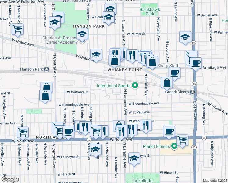 map of restaurants, bars, coffee shops, grocery stores, and more near 5247 West Galewood Avenue in Chicago