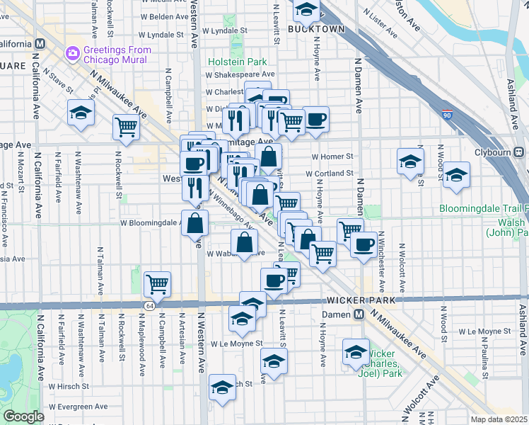 map of restaurants, bars, coffee shops, grocery stores, and more near 1820 North Milwaukee Avenue in Chicago