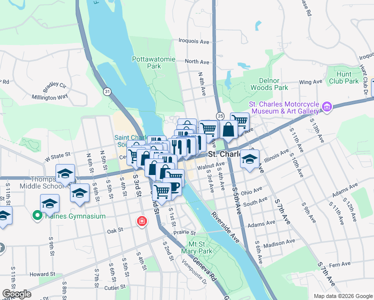map of restaurants, bars, coffee shops, grocery stores, and more near in St. Charles