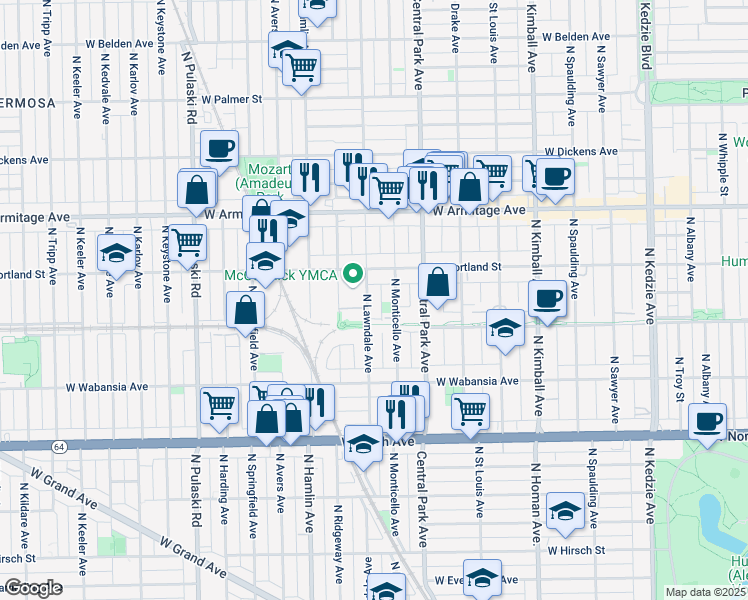 map of restaurants, bars, coffee shops, grocery stores, and more near 1827 North Lawndale Avenue in Chicago