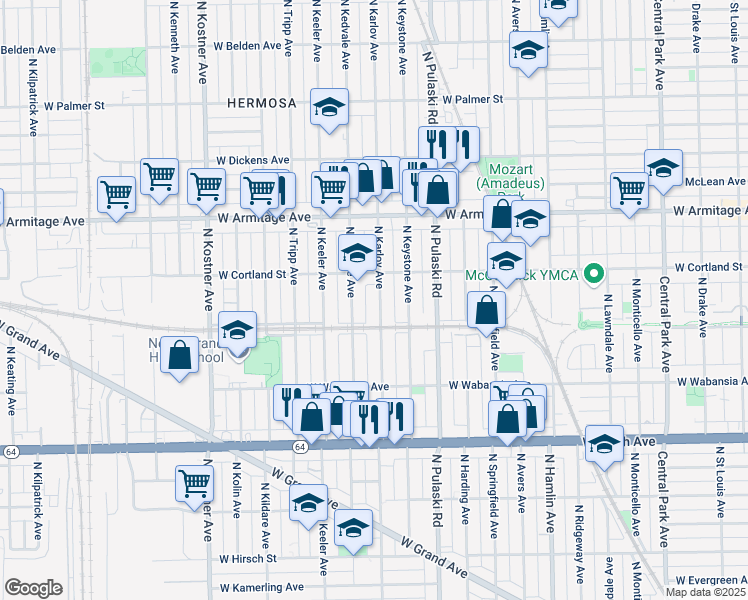map of restaurants, bars, coffee shops, grocery stores, and more near 1828 North Karlov Avenue in Chicago