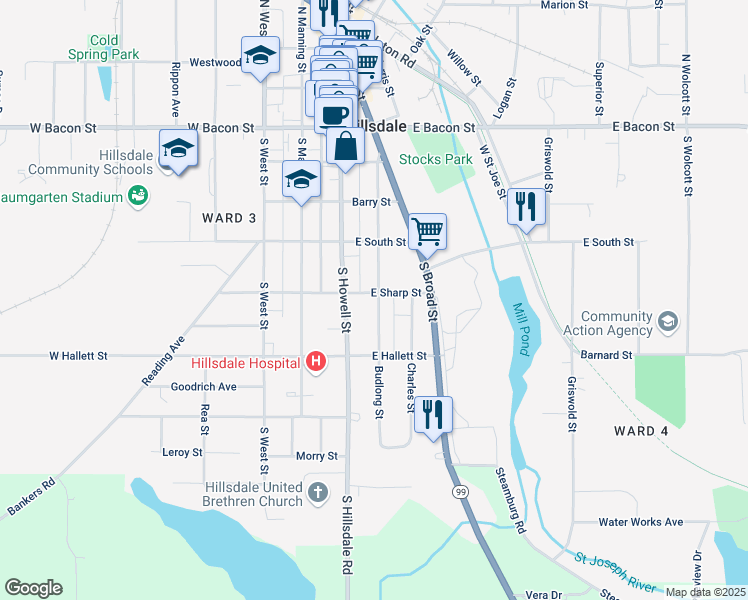 map of restaurants, bars, coffee shops, grocery stores, and more near 86 East Sharp Street in Hillsdale