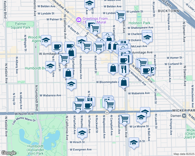 map of restaurants, bars, coffee shops, grocery stores, and more near 1815 North Rockwell Street in Chicago