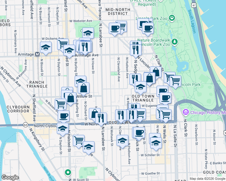 map of restaurants, bars, coffee shops, grocery stores, and more near 1755 North Mohawk Street in Chicago
