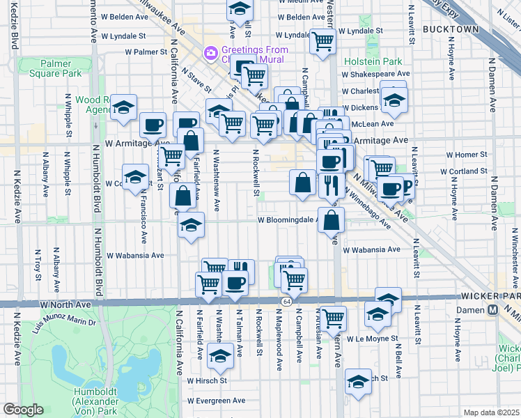 map of restaurants, bars, coffee shops, grocery stores, and more near 1815 North Rockwell Street in Chicago