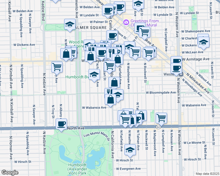 map of restaurants, bars, coffee shops, grocery stores, and more near 1818 North California Avenue in Chicago