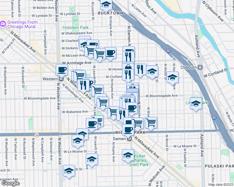 map of restaurants, bars, coffee shops, grocery stores, and more near 2047 West Churchill Street in Chicago