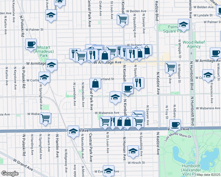 map of restaurants, bars, coffee shops, grocery stores, and more near 1822 North Saint Louis Avenue in Chicago