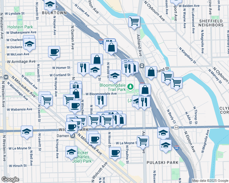 map of restaurants, bars, coffee shops, grocery stores, and more near 1800 North Hermitage Avenue in Chicago