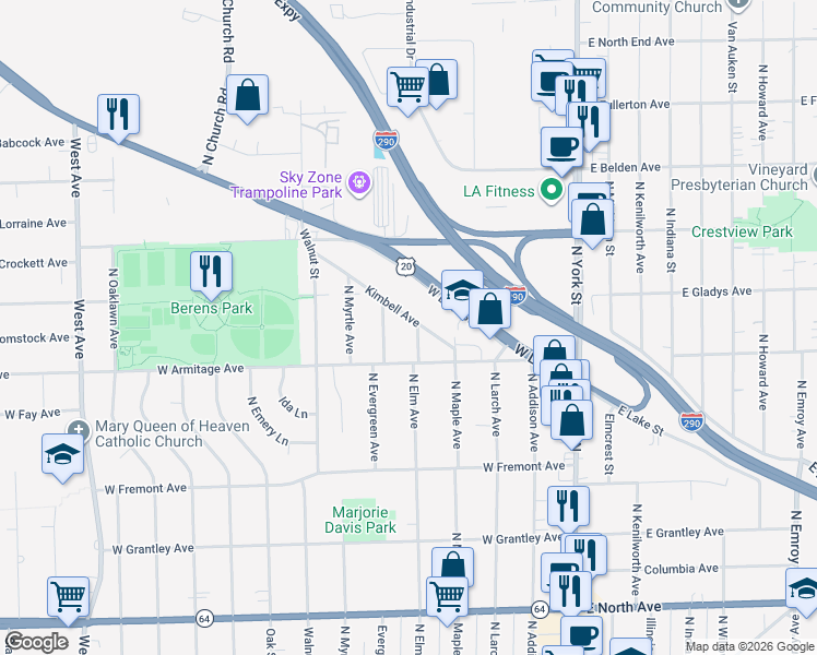 map of restaurants, bars, coffee shops, grocery stores, and more near 518 North Elm Avenue in Elmhurst