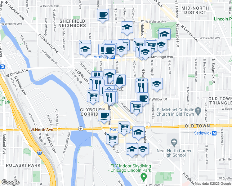 map of restaurants, bars, coffee shops, grocery stores, and more near 1822 North Bissell Street in Chicago