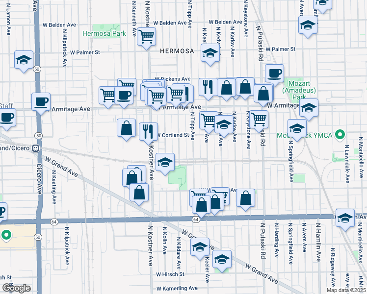 map of restaurants, bars, coffee shops, grocery stores, and more near 1831 North Kildare Avenue in Chicago