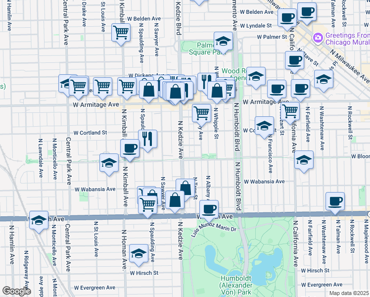 map of restaurants, bars, coffee shops, grocery stores, and more near 1821 North Kedzie Avenue in Chicago