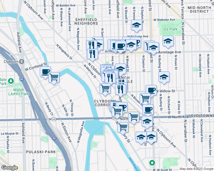 map of restaurants, bars, coffee shops, grocery stores, and more near 1745 North Marcey Street in Chicago