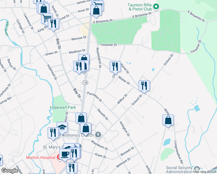 map of restaurants, bars, coffee shops, grocery stores, and more near 17 Cherry Street in Taunton