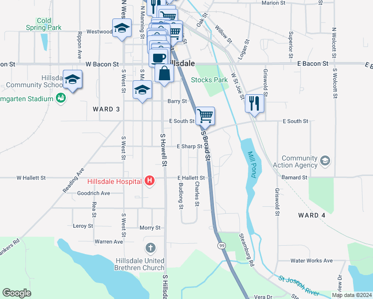 map of restaurants, bars, coffee shops, grocery stores, and more near 86 East Sharp Street in Hillsdale