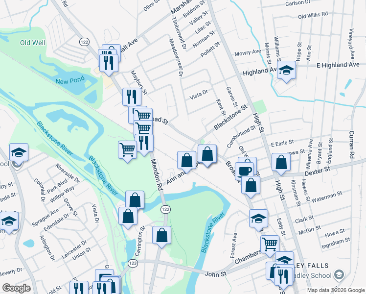 map of restaurants, bars, coffee shops, grocery stores, and more near 24A Main Street in Cumberland