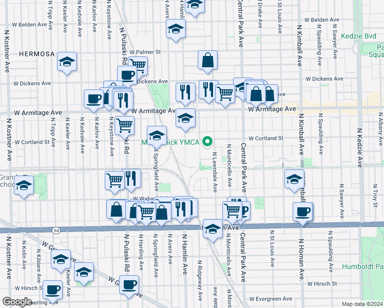 map of restaurants, bars, coffee shops, grocery stores, and more near 3745 West Cortland Street in Chicago