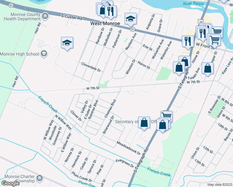 map of restaurants, bars, coffee shops, grocery stores, and more near 1027 Chateau Boulevard in Monroe