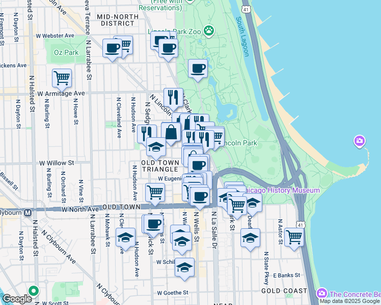 map of restaurants, bars, coffee shops, grocery stores, and more near 1749 North Wells Street in Chicago