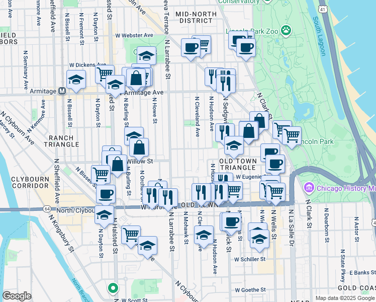 map of restaurants, bars, coffee shops, grocery stores, and more near 1757 North Mohawk Street in Chicago