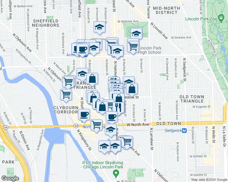 map of restaurants, bars, coffee shops, grocery stores, and more near 1823 North Halsted Street in Chicago