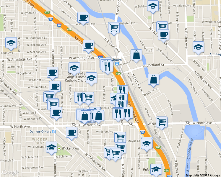 map of restaurants, bars, coffee shops, grocery stores, and more near 1638 West Bloomingdale Avenue in Chicago