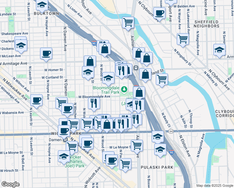 map of restaurants, bars, coffee shops, grocery stores, and more near 1806 North Paulina Street in Chicago