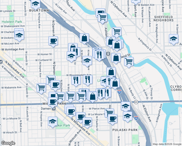 map of restaurants, bars, coffee shops, grocery stores, and more near 1806 North Paulina Street in Chicago