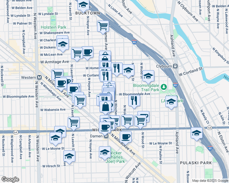 map of restaurants, bars, coffee shops, grocery stores, and more near 2007 West Churchill Street in Chicago