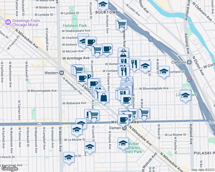 map of restaurants, bars, coffee shops, grocery stores, and more near 2047 West Churchill Street in Chicago