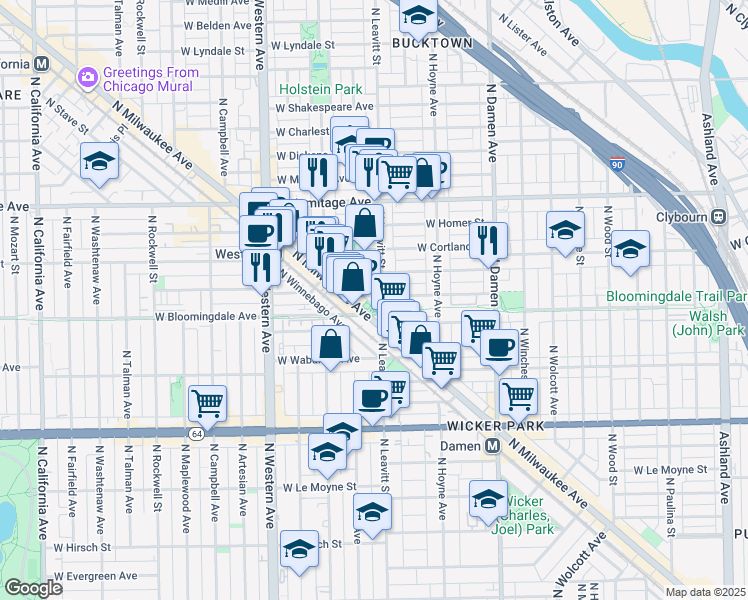 map of restaurants, bars, coffee shops, grocery stores, and more near 1800 North Wilmot Avenue in Chicago