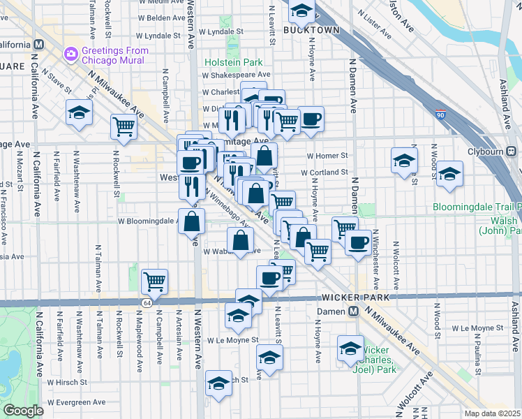 map of restaurants, bars, coffee shops, grocery stores, and more near 1820 North Milwaukee Avenue in Chicago