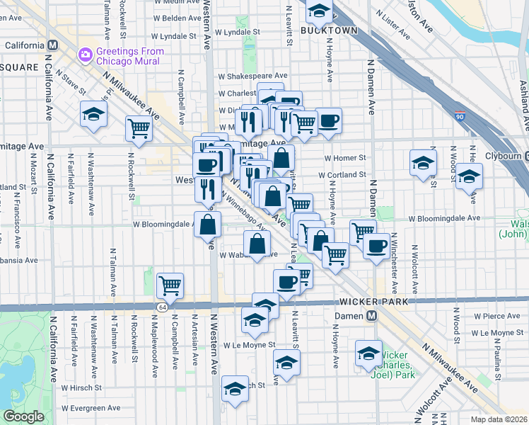 map of restaurants, bars, coffee shops, grocery stores, and more near 1820 North Milwaukee Avenue in Chicago