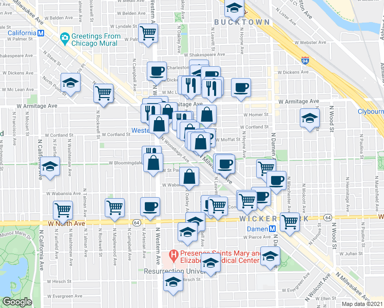 map of restaurants, bars, coffee shops, grocery stores, and more near 1820 North Milwaukee Avenue in Chicago